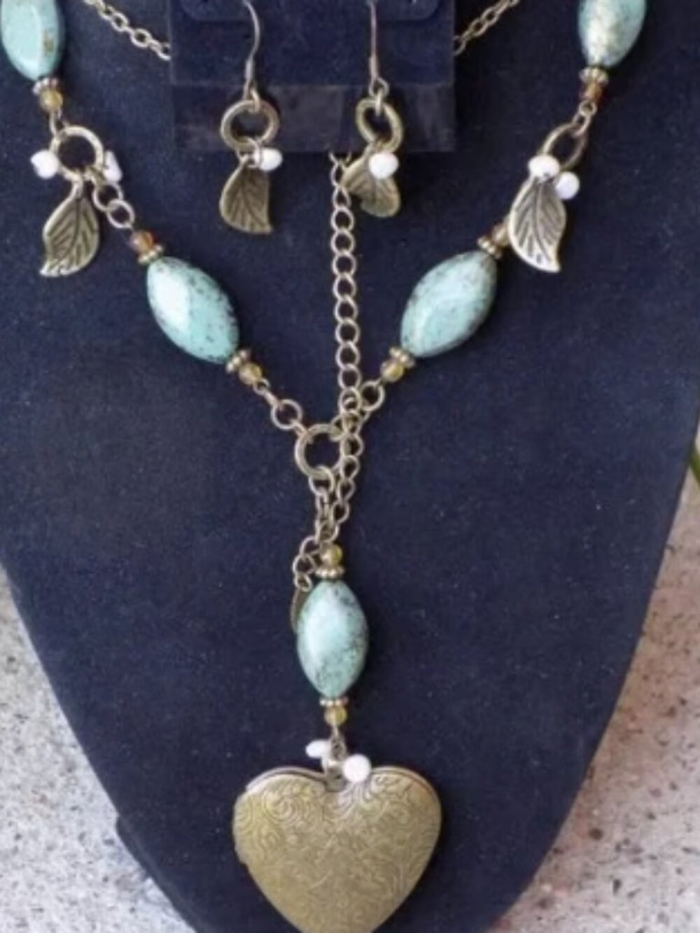 Vintage VCLM Scrolled Heart Locket Necklace & Earrings Set, Pearls & Leaves